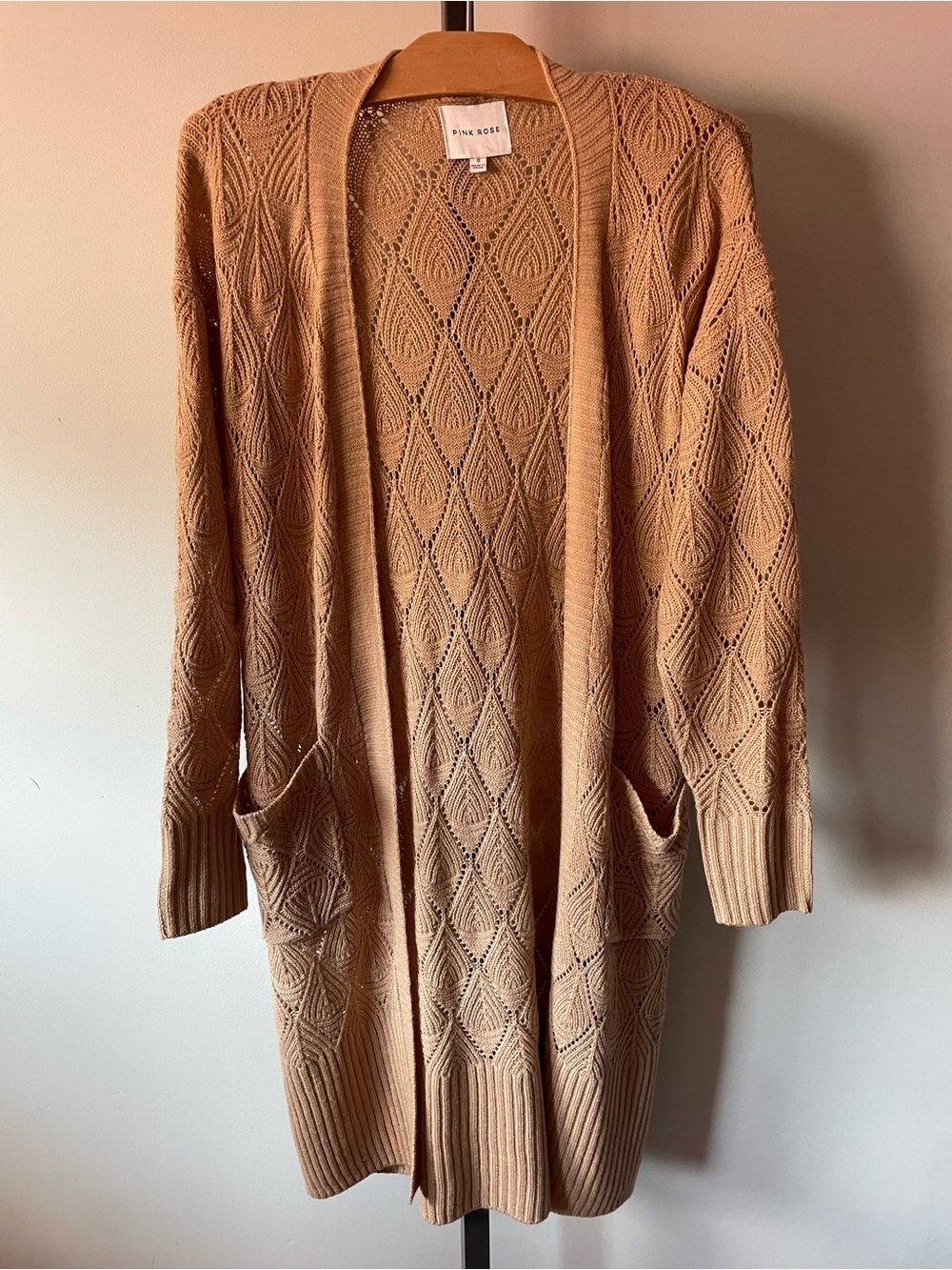 Pink Rose Boho Pointelle Open Front Long Longline Knit Cardigan Duster Small